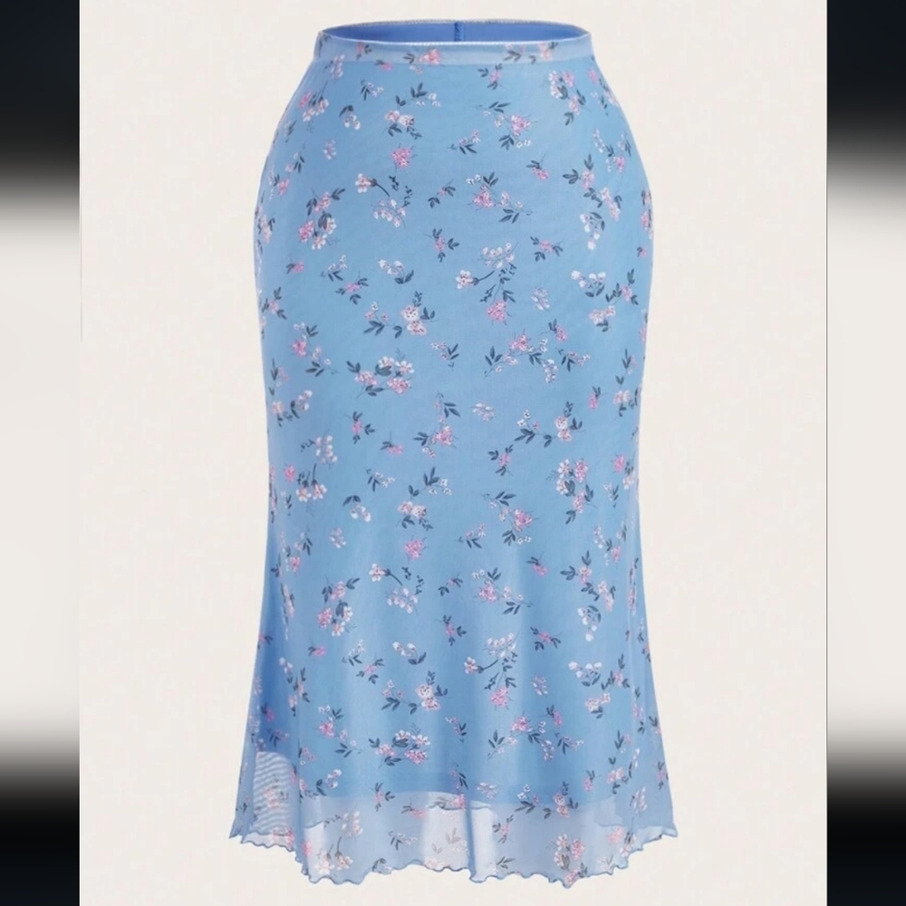 Blue Floral Mesh Skirt
